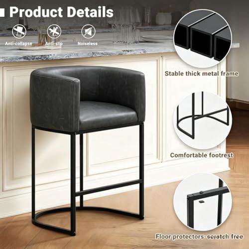 26" H Counter Height Bar Stools Set of 3, Modern Barrel Counter Stools with Backrest and Arms, Faux Leather Upholstered Accent Barstools for Kitchen Island,Support 450 LBS (Black)