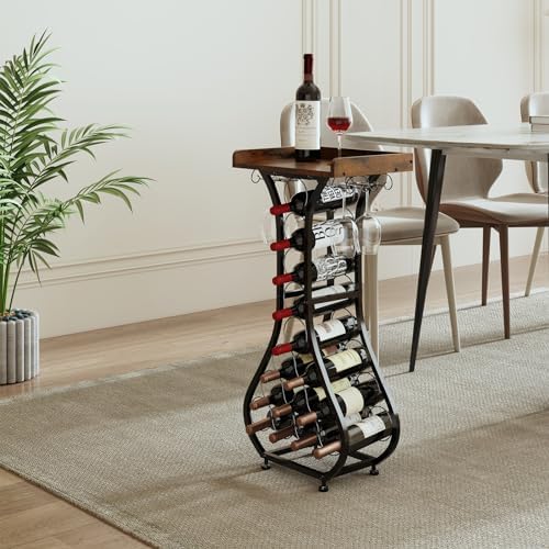 X-cosrack Wine Rack Freestanding Floor, Mini Bar Table Wine Holder Stand Liquor Cabinet with Glass Holder Wood Tabletop 14 Bottles Floor Wine Storage for Home Bar Kitchen Living Room