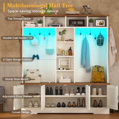 CSZZD Large Hall Tree with Bench, RGB LED Lights & Entryway Storage