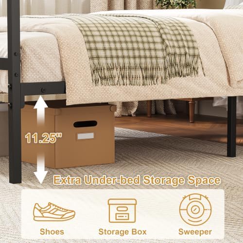 Twin Canopy Bed Frame with Storage Headboard Minimalist Style 4 Posters Bed