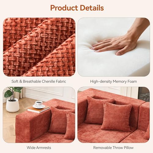 MONVANE Modular Sectional Sofa, Oversized 12 Seat Convertible U Shaped Couch with Ottoman, Comfy Chenille Cloud Couch with Deep Seat, Sectional Couches for Living Room, No Assembly Required, Rust Red