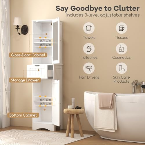COSTWAY 67” Tall Bathroom Storage Cabinet, Freestanding Floor Cabinet with 2 Doors & 1 Drawer, 3-Level Adjustable Shelves, Narrow Slim Linen Tower for Bathroom, Living Room, Kitchen (White) | with 2 Doors & 1 Drawer, 3-Level Adjustable Shelves, Narrow ...