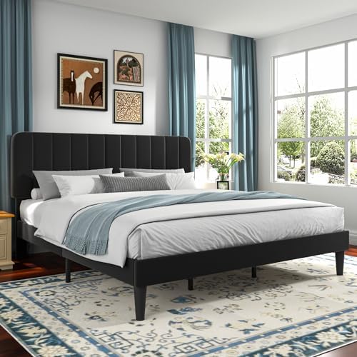 VECELO King Size Bed Frame with Upholstered Headboard, Velvet Platform Bedframe Mattress Foundation, Strong Wood Slat Support, No Box Spring Needed,Black