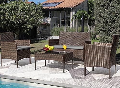 Greesum Patio Furniture 4 Pieces Conversation Sets,Brown and Gray
