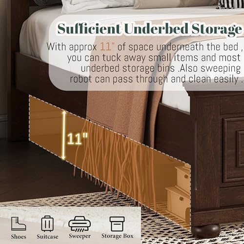 Mirightone King Size Platform Bed with Tall Headboard & Footboard, Pinewood King Bed Frame with Wood Panel Bed Base, No Squeak, No Box Spring Needed, Traditional Style, Brown