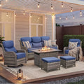 Luxury Patio Furniture Set with Fire Pit Table-6 Pieces All Weather Outdoor Swivel Rocker Chairs with Sofa and Ottomans. Outdoors Patio Conversation Sets for Porch Deck Garden Backyard(Grey/Blue)