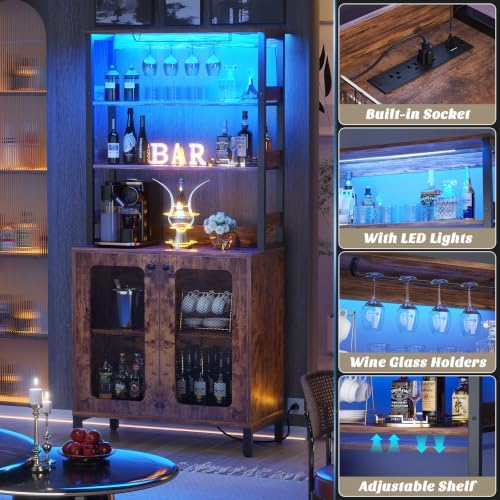 Aheaplus Bar Cabinet with Power Outlets, 67" Tall Wine Bar Liquor Cabinet