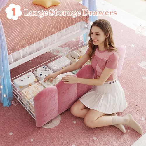 Homkdom Twin Canopy Bed Frame with Drawers and LED Lights & Charging,Pink