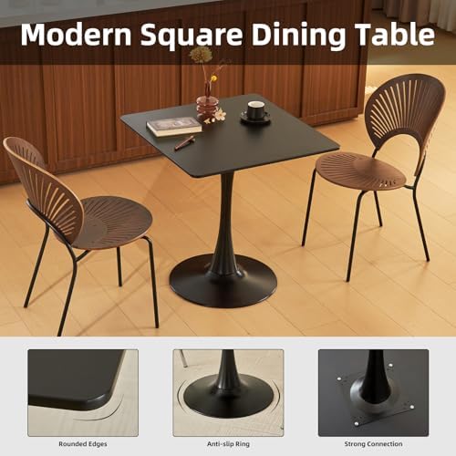 Square Dining Table, 27" Tulip Table with Thickened Tabletop & Metal Pedestal, Mid Century Modern Bistro Table for Kitchen, Small Places, Living Room, Cafe (Black)