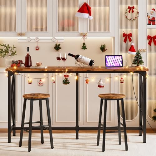 CHOEZON 63'' Bar Table, Kitchen Dining Table with Power Outlet and Footrest, Industrial Style, for Pub, Living Room, Rustic Brown and Black TBT07UBF