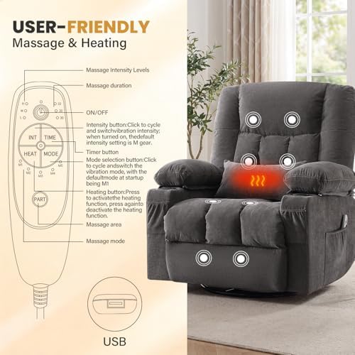 BOSMILLER Recliner Chair with Vibration Massage and Lumbar Heat for Living Room, Oversized Ergonomic Swivel Rocking Chair, Featuring Side Ptgocket, 2 Cup Holders & USB Charge Port