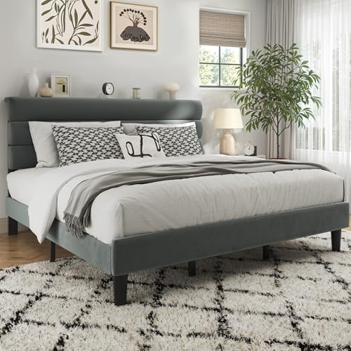 Fluest King Size Bed Frame, Platform Bed Frame with Velvet Upholstered Headboard, No Box Spring Needed, Sturdy Metal Support, Noise Free, Easy Assembly, Grey