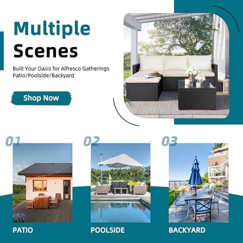SUNLEI Patio Furniture Set with Detachable Soft Cushions, Outdoor PE Rattan Patio Conversation Sofa Set, 3-Piece Patio Sectional Sofa with Glass Coffee Table (Black Rattan&White)