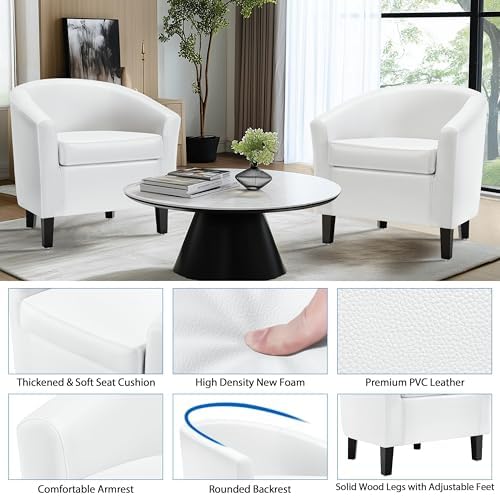 Yaheetech Accent Chairs Set of 2, Faux Leather Barrel Armchairs White