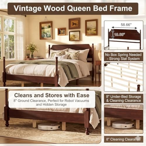 Vintage Wood Queen Bed Frame, Traditional Spindle Platform Bed with Tall Headboard, Dark Walnut Antique Style 4-Poster Design, Under Bed Storage, No Box Spring Needed (Dark Walnut, Queen)