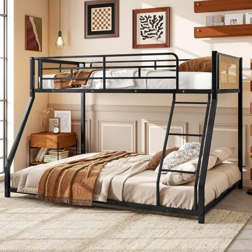 Giantex Twin Over Full Metal Bunk Bed, Boho Rattan Floor Bunkbeds with Ladder & Full-length Guardrails, Heavy Duty Metal Slats Support Bed Frame for Teens, Adults, Guests, No Box Spring Needed (Black)