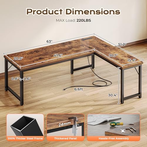 Huuger 63 Inch L Shaped Desk with Power Outlets & 0.95 Inch Thicker Desktop