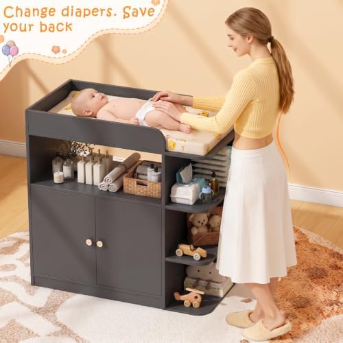 Wanan Changing Table Dresser with Large Cabinet for Nursery, Wood, Black