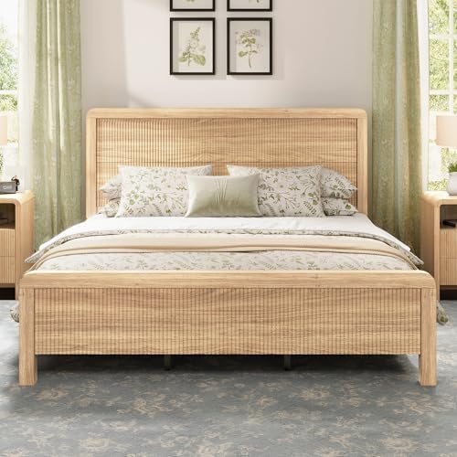 AMERLIFE Queen Wood Bed Frame with Fluted Headboard & Footboard, Oak