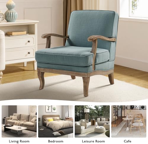 HULALA HOME Mid-Century Modern Accent Chair, Upholstered Lounge Arm Chair with Solid Wood Legs and Armrest, Removable Cushion Comfy Retro Reading Armchair for Living Room, Bedroom, Balcony, Blue