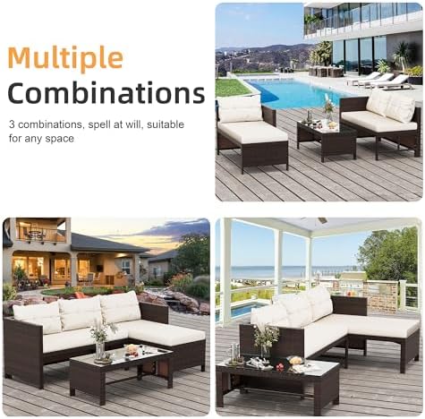 Shintenchi 3 Pieces Outdoor Patio Furniture Set, Wicker Patio Conversation Set, All Weather Wicker Rattan Patio Seating Sofas with Glass Coffee Table and Cushion, Beige