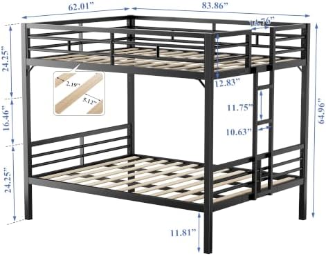 PVWIIK Queen Over Queen Bunk Bed with Guardrails,Black