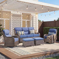 Luxury 5 Piece Patio Furniture Set-All Weather Outdoor Swivel Rocker Chairs with 6" Thick Cushions Multifunctional Ottoman Rattan Patio Conversation Sets for Porch Deck Garden Backyard(Brown/Blue)