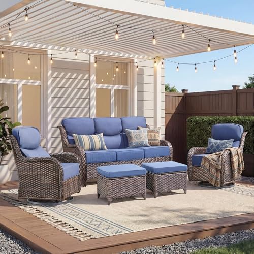 Luxury 5 Piece Patio Furniture Set-All Weather Outdoor Swivel Rocker Chairs with 6" Thick Cushions Multifunctional Ottoman Rattan Patio Conversation Sets for Porch Deck Garden Backyard(Brown/Blue)