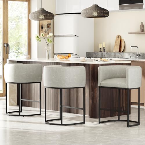 26" H Counter Height Bar Stools Set of 3, Modern Barrel Counter Stools with Backrest and Arms, Faux Leather Upholstered Accent Barstools for Kitchen Island,Support 450 LBS (Grayish White)