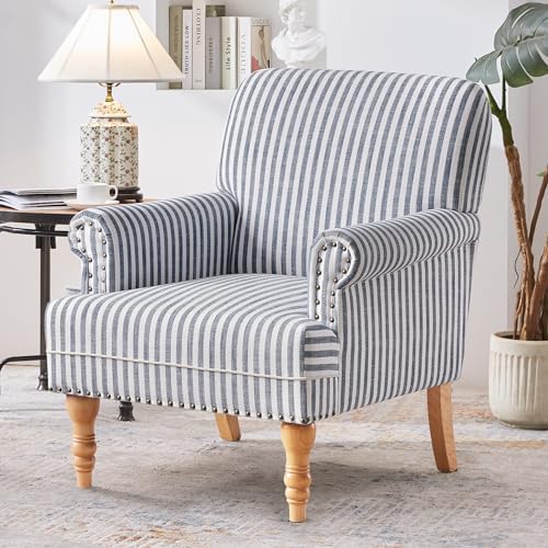 HUIMO Linen Fabric Accent Chair, Mid-Century Modern Armchair with Solid Wood Legs, Single Sofa Chair,Upholstered Reading Club Chair (1, Dark Blue and White Stripe)