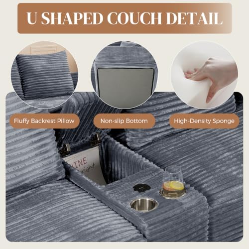 127" U Shaped Cloud Couch Modular Sectional Sofa, Comfy Fluffy Corduroy Grey Boneless Sectional Couches for Living Room, Modern Cloud Sofas with Cup Holders & USB Port, Grey