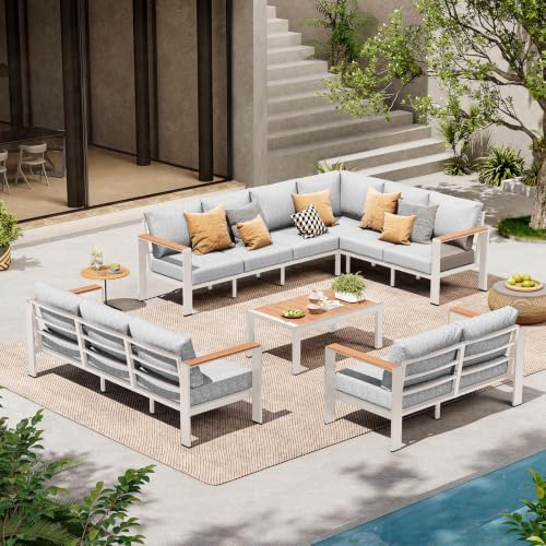 Aluminum Outdoor Patio Furniture Set 11 Seats, Outdoor Sectional Corner Sofa Set, Patio Conversation Sets with Washable Thick Cushions & Coffee Table for Porch, Yard, Garden, Deck, White