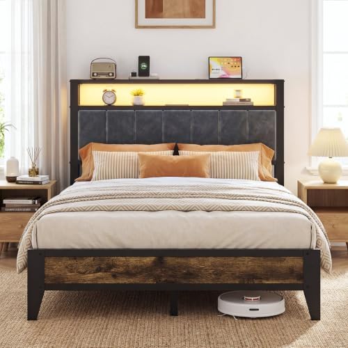 OLEVS Full Size Bed Frame with Headboard, LED Light & Charging Station