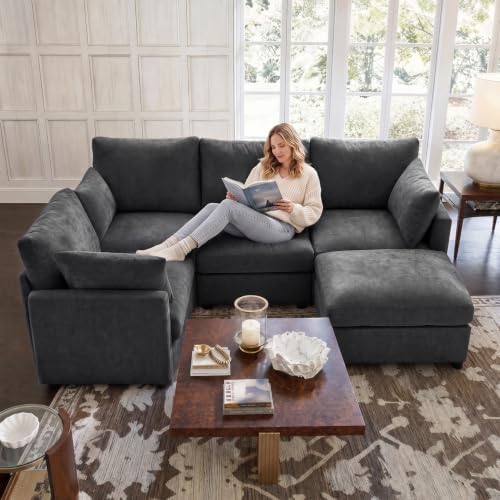 Iroomy Modular Sectional Loveseat Couch for Living Room, Modern Chenille Sofa with Ottoman, 5 Seat, Black