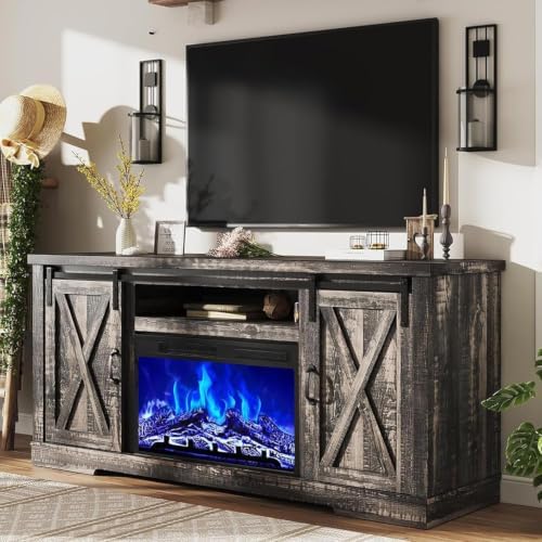 AMERLIFE Living Room Furniture Set, 63" Dark Oak TV Stand with Fireplace