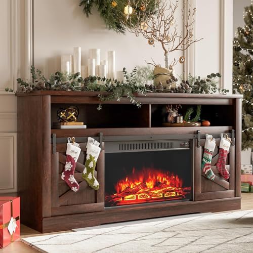 YESHOMY Farmhouse Fireplace TV Stand for TVs up to 65+ Inch, Dark Brown