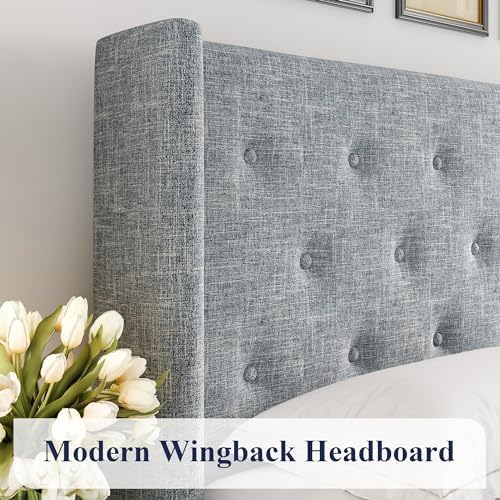 Allewie Queen Size Lift Up Storage Button-Tufted Bed Frame Blue Grey