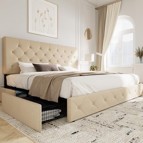 Allewie King Size Storage Bed Frame with 4 Underbed Drawers, Upholstered Platform Bed with Adjustable Headboard, Diamond Button Tufted, Easy Assembly, Noise-Free, No Box Spring Needed, Beige