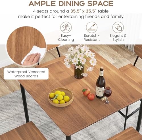 Giantex 5-Piece Dining Table Set W/Counter Height Table & 4 Bar Stools, Industrial Kitchen Dining Table Set W/Footrest & Backrest, Space-Saving Dinette Set for Pub, Dining Room, Restaurant (Teak)