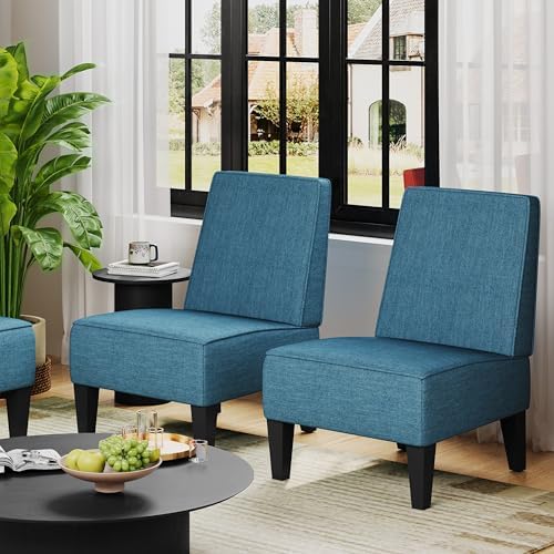 Armless Accent Chairs Set of 2, Blue Upholstered Linen Slipper Chair with Solid Wood Legs, Mid Century Modern Side Chairs for Small Living Room Bedroom Apartment Reading Nook
