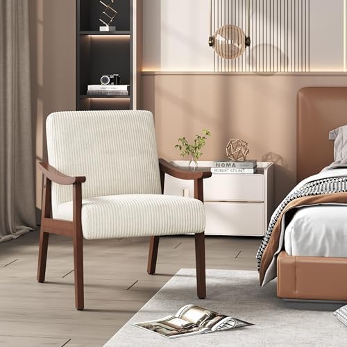 Yaheetech Accent Chairs, Mid-Century Corduroy Fabric Armchairs, Beige