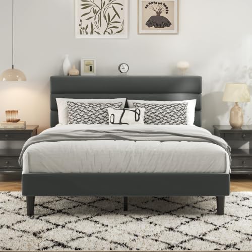 Fluest Full Bed Frame, Platform Bed Frame with Velvet Upholstered Headboard, No Box Spring Needed, Sturdy Metal Support, Noise Free, Easy Assembly, Modern Bedroom Furniture, Grey