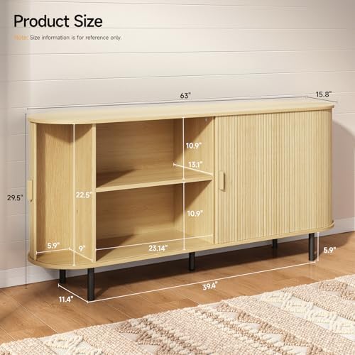 ONBRILL 63" Sideboard Buffet Cabinet, Sliding Door/Adjustable Shelf, Oak