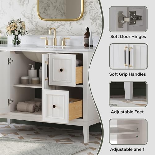 48 Inch Bathroom Vanity with Sink, Fully Assembled, White | Solid wood frame with Quartz Top and Backsplash, ceramic sink, spacious storage, adjustable feet and fully assembled design