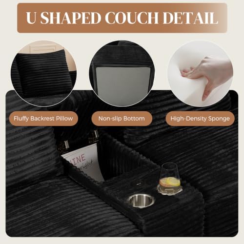 127" U Shaped Cloud Couch Modular Sectional Sofa, Comfy Fluffy Corduroy Black Boneless Sectional Couches for Living Room, Modern Cloud Sofas with Cup Holders & USB Port, Black