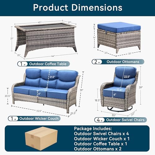 Luxury 8 Pieces Outdoor Patio Furniture Set-All Weather Wicker Swivel Rocker Patio Chairs with 6" Thick Cushion Rattan Sofa Coffee Table, Outdoor Conversation for Garden Porch Backyard(Grey/Blue)