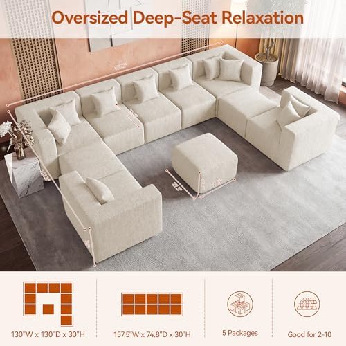 MONVANE Modular Sectional Sofa, Oversized 10 Seat Convertible U Shaped Couch with Ottoman, Comfy Chenille Cloud Couch with Deep Seat, Sectional Couches for Living Room, No Assembly Required, Beige