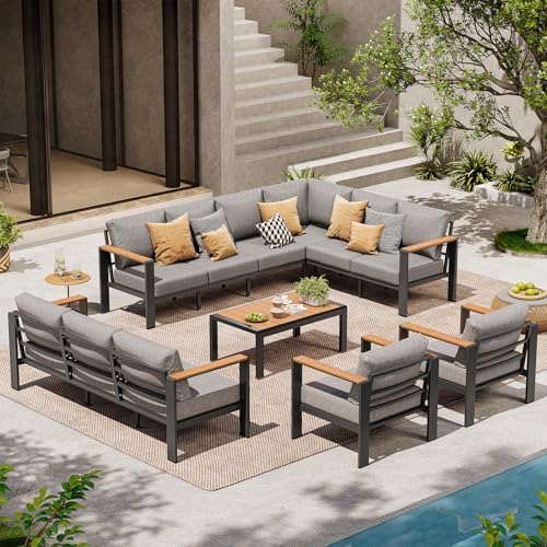 Aluminum Outdoor Patio Furniture Set, 11 Seats Patio Conversation Sets, Oversized Outdoor Sectional with Washable Thick Cushions & Coffee Table for Backyard, Garden and Poolside, Gray