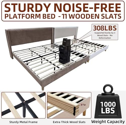 King Corduroy Upholstered Platform Bed with Headboard Wingback, Mink