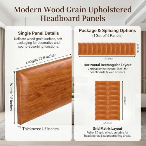 Xuhal 94.48 x 29.52 in Peel and Stick King Headboard, 12 Panels, Oak